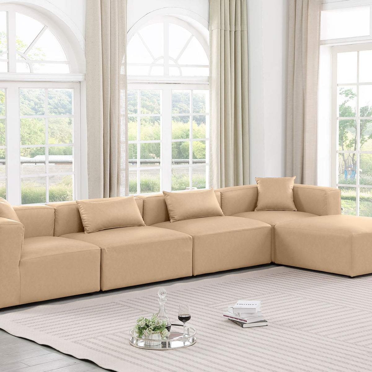 Cube - 5 Piece Modular Sectional With Chaise - Tan