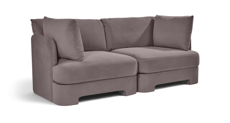 Gray velvet upholstered 2-piece loveseat with two seat sections and back cushions