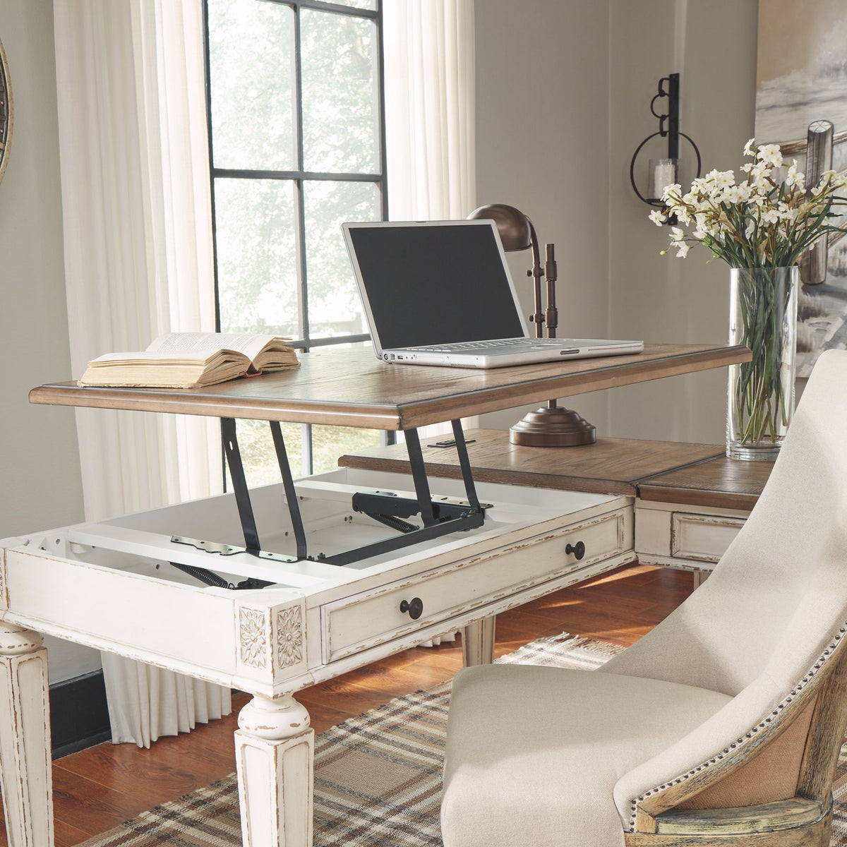 Realyn - L Shaped Desk With Lift Top - White / Brown