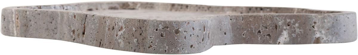 Gray marble tray with speckled finish and low, rounded leaf form.
