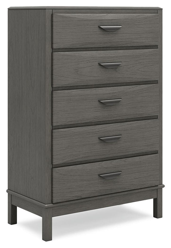 Gray five-drawer chest with metal bar handles and tapered legs
