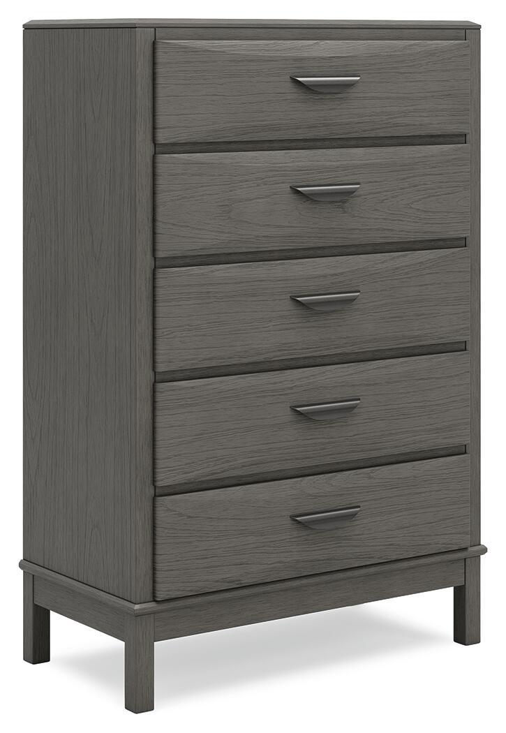 Gray five-drawer chest with metal bar handles and tapered legs