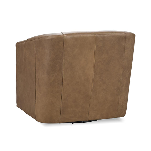 Brown upholstered swivel chair with panel seams and low rounded arms