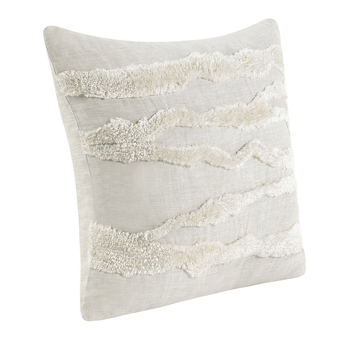 Light gray decorative pillow with white textured wavy stripe pattern