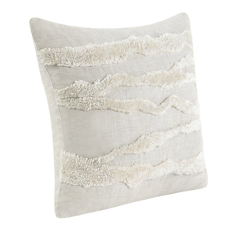 Light gray decorative pillow with white textured wavy stripe pattern