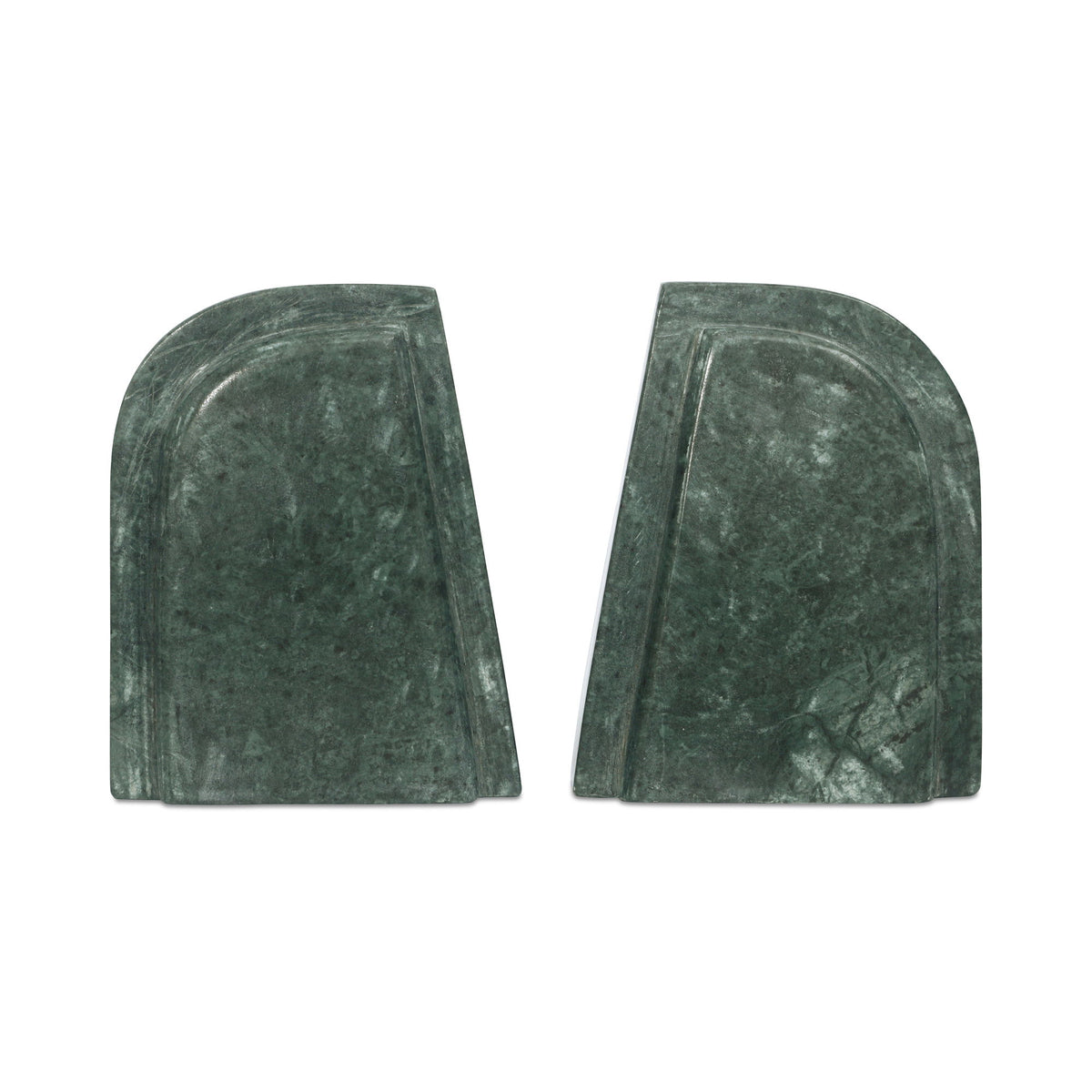 Green marble bookend pair with curved front and light gray veining