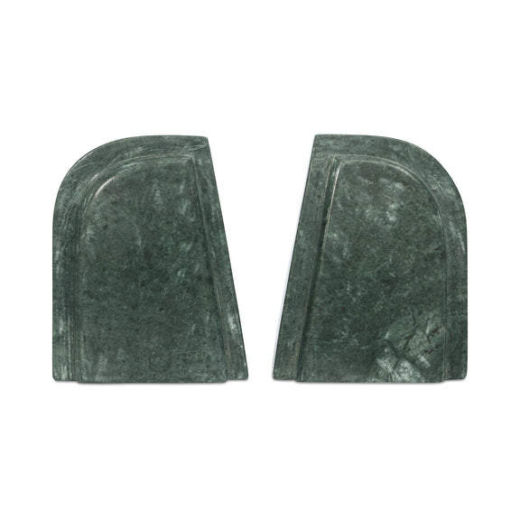 Green marble bookend pair with curved front and light gray veining