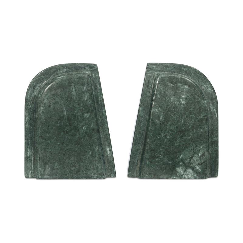 Green marble bookend pair with curved front and light gray veining