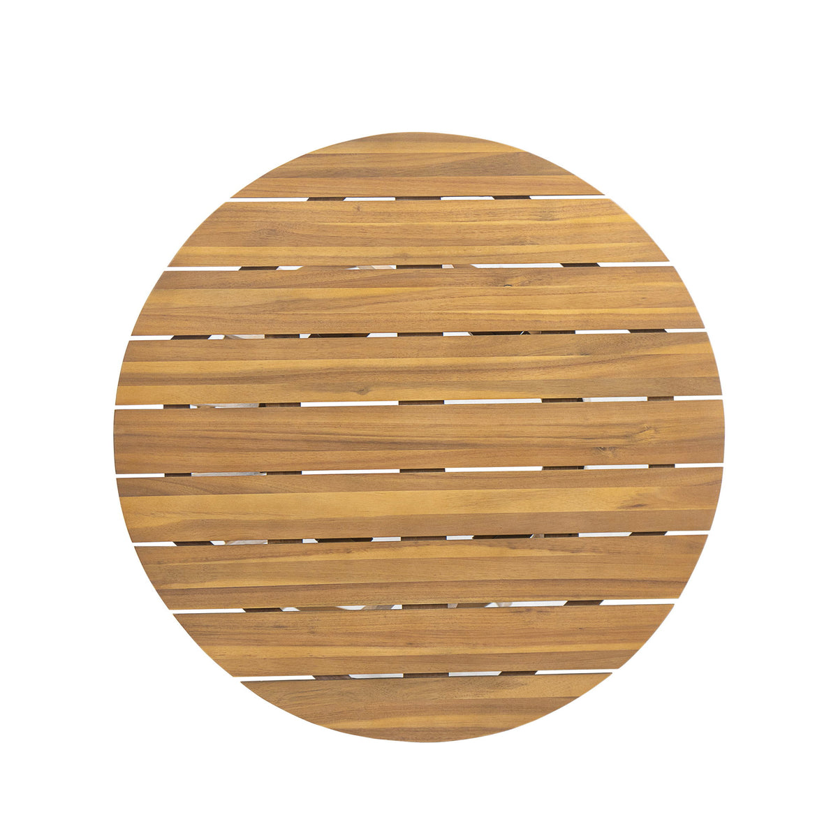 Round teak tabletop with horizontal slatted wood pattern
