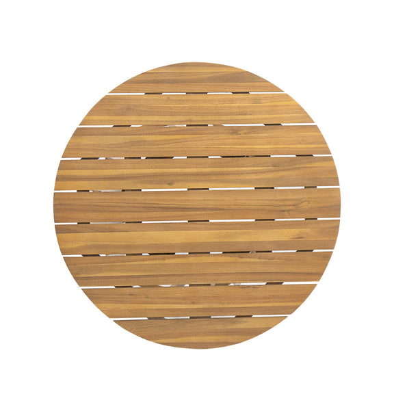 Round teak tabletop with horizontal slatted wood pattern