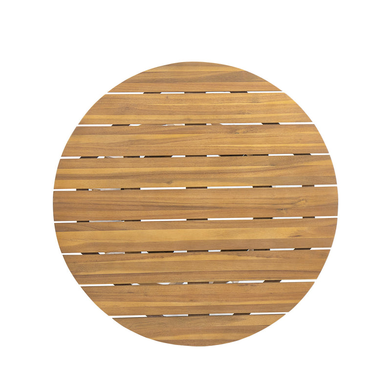 Round teak tabletop with horizontal slatted wood pattern