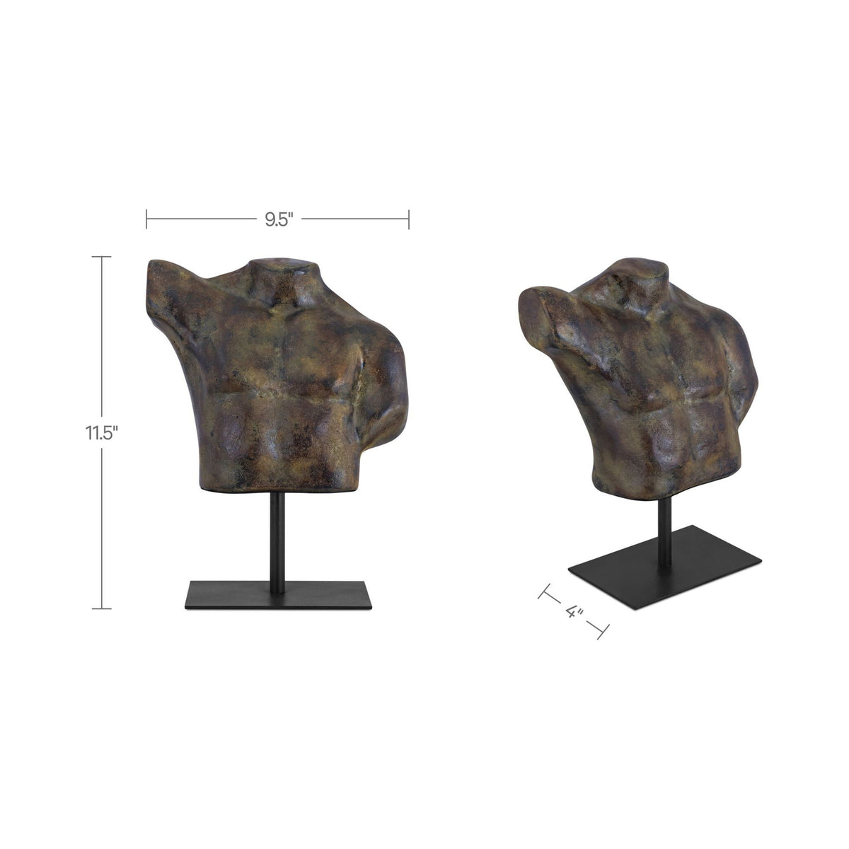 Abstract torso sculpture in dark green patina on black pedestal base, angled views.