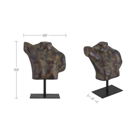 Abstract torso sculpture in dark green patina on black pedestal base, angled views.