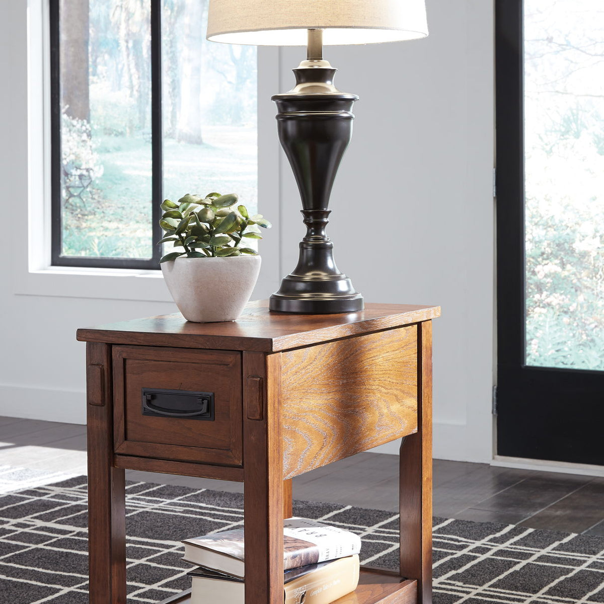 Brown wooden chair side end table with 1 drawer and lower open shelf