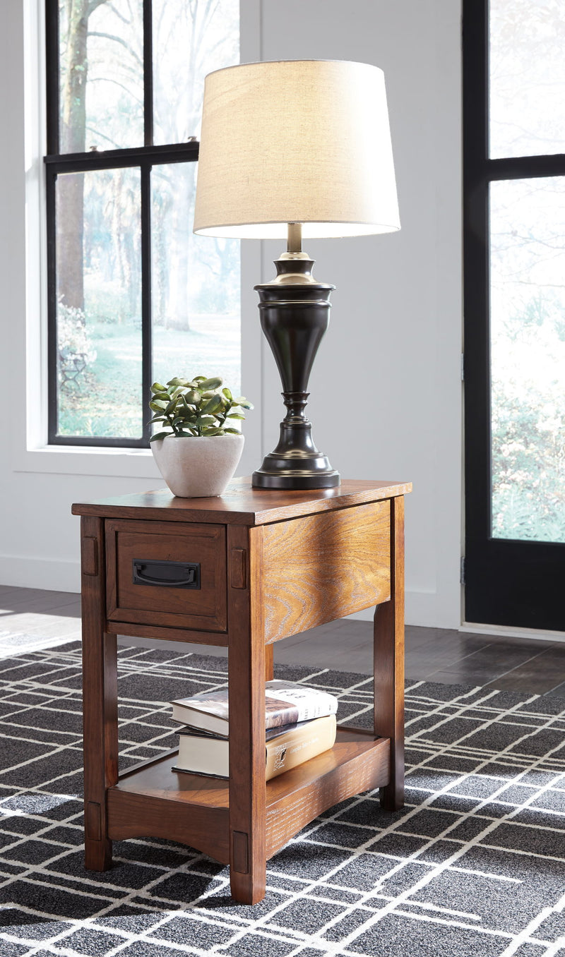 Brown wooden chair side end table with 1 drawer and lower open shelf