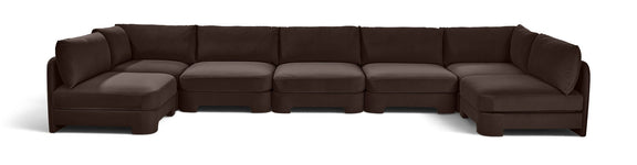 Dark brown velvet armless U-shaped sectional sofa, 7-piece set