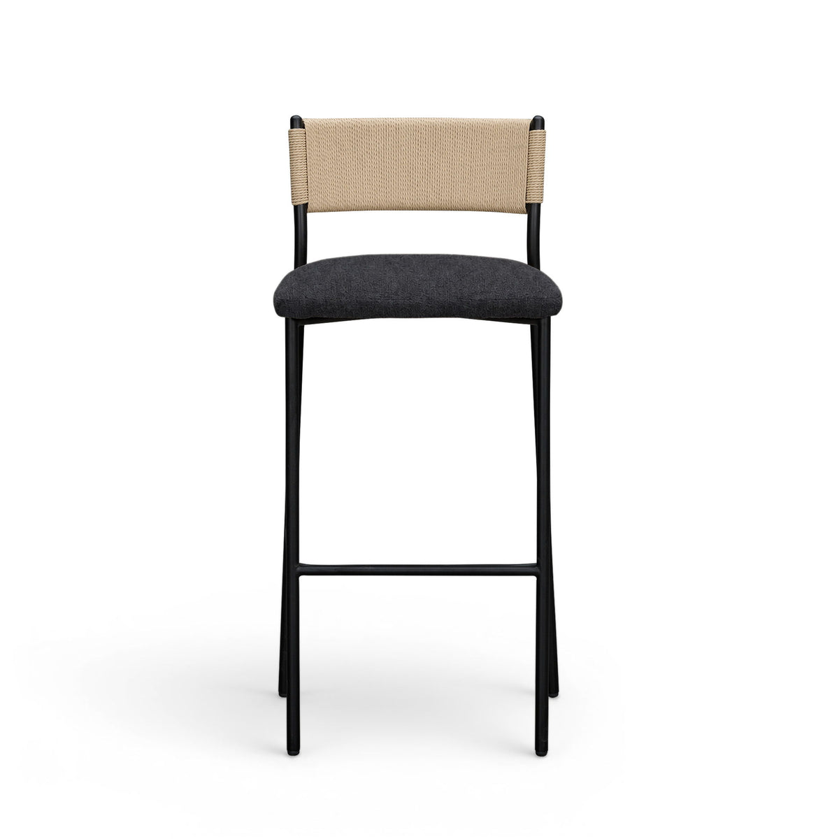 Celine boucle bar stool with beige backrest and dark upholstered seat, black metal legs.