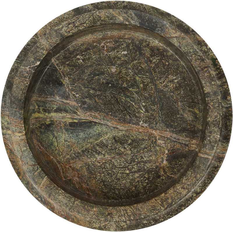 Green and tan marble bowl with swirl veining and shallow round interior.