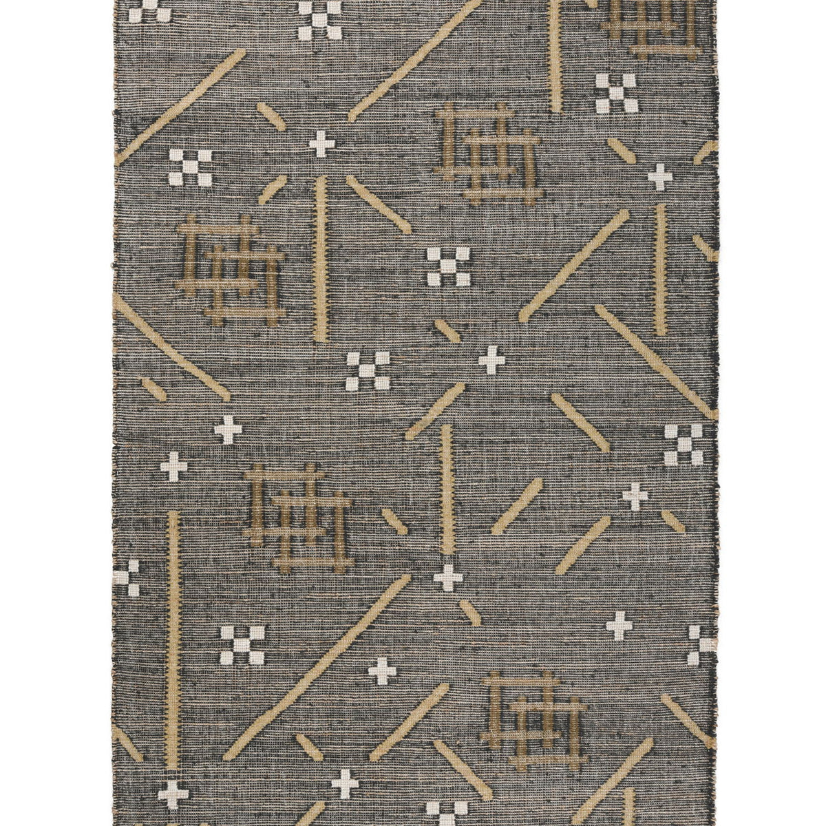 Charcoal area rug with gold and white geometric plus and line motifs, fringed
