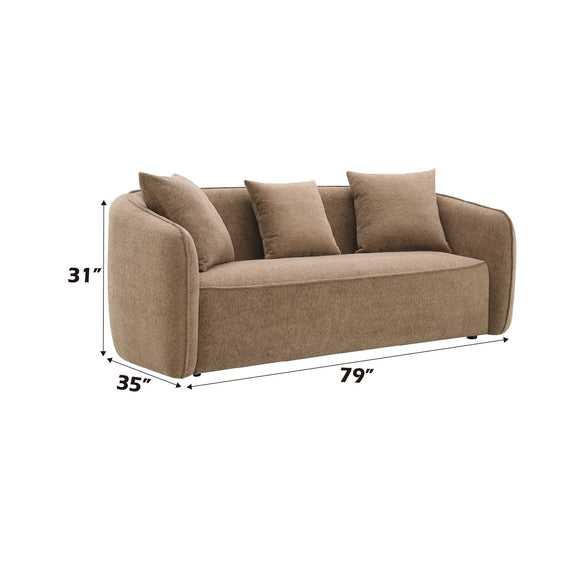 Brown upholstered sofa with four matching toss pillows and a boxy seat