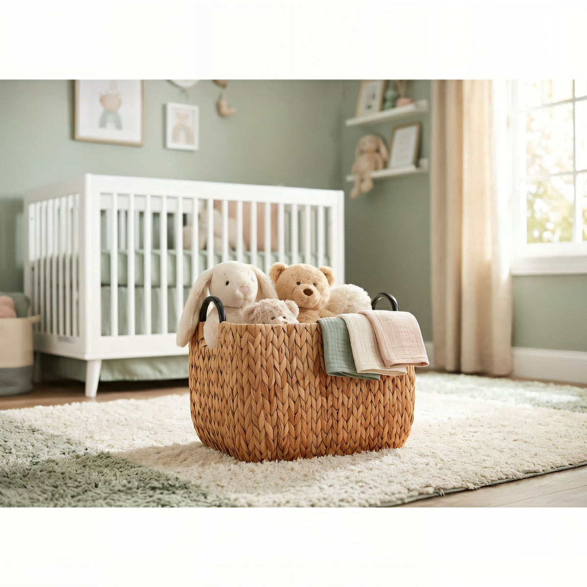 Woven storage basket with black handles, filled with plush toys and folded towels.