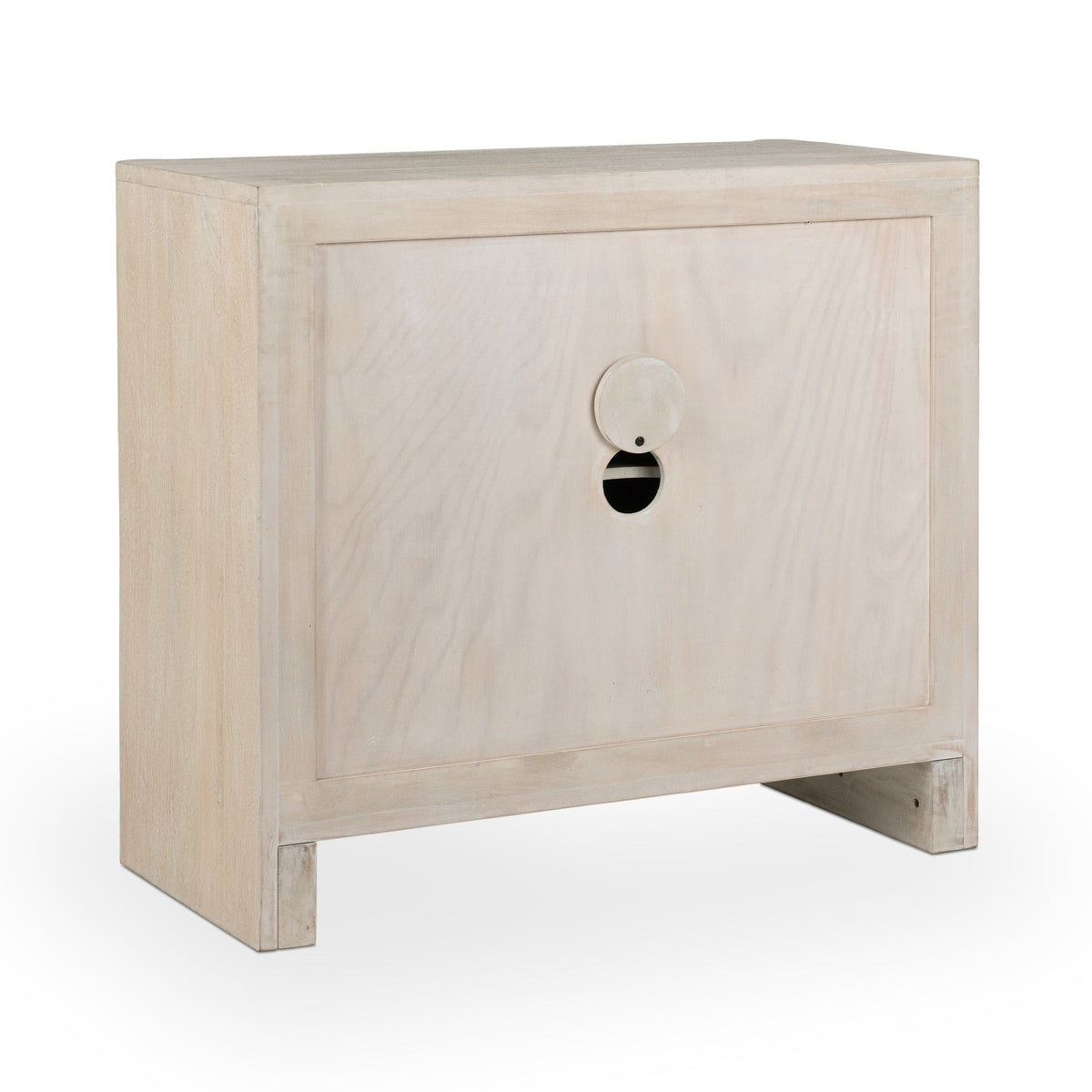 Cream 2-door cabinet with drawer front and round pull hardware in dark finish