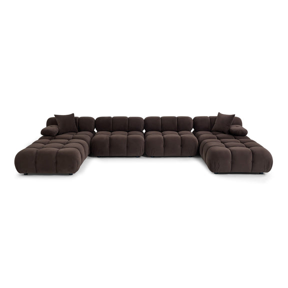 Dark brown modular sectional sofa with rounded arms, deep seat cushions, and square back pillows