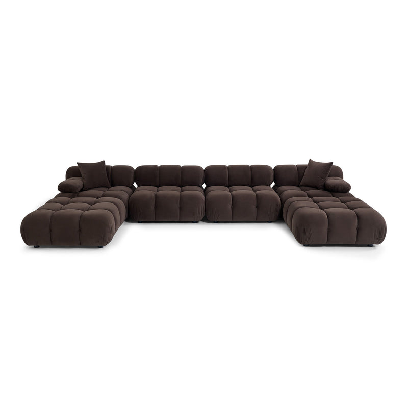 Dark brown modular sectional sofa with rounded arms, deep seat cushions, and square back pillows