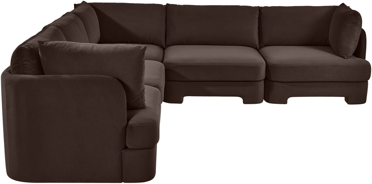Brown velvet corner sectional sofa with five-piece modular L-shape and cushioned arms