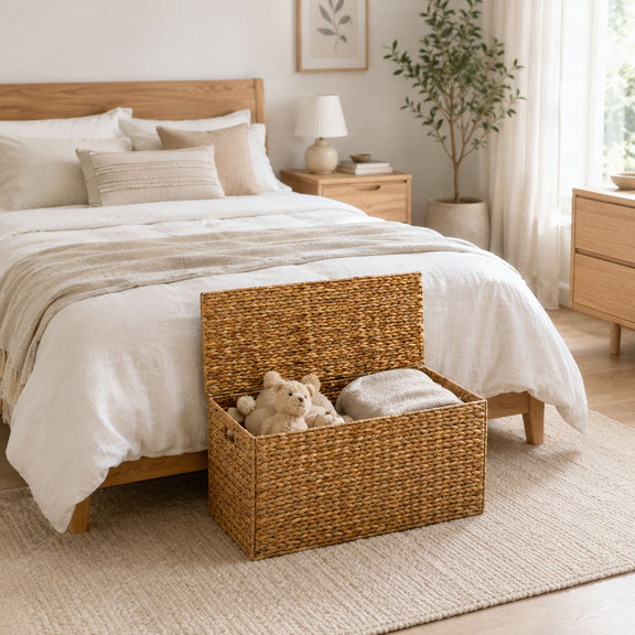 Open woven storage trunk holding toys and a folded blanket