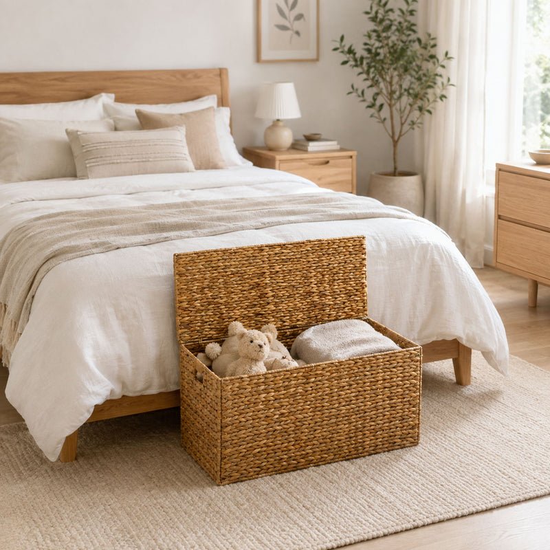 Open woven storage trunk holding toys and a folded blanket
