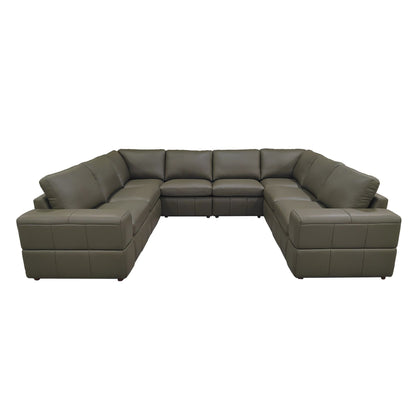 Dark gray sectional sofa with large square arms, padded seats, and corner chaise.