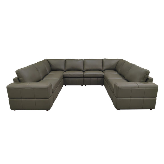 Dark gray sectional sofa with large square arms, padded seats, and corner chaise.