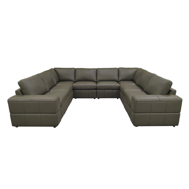 Dark gray sectional sofa with large square arms, padded seats, and corner chaise.
