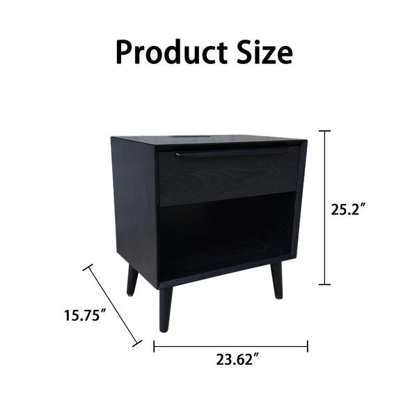 Black bedside table with 1 drawer and open shelf; size diagram with dimensions