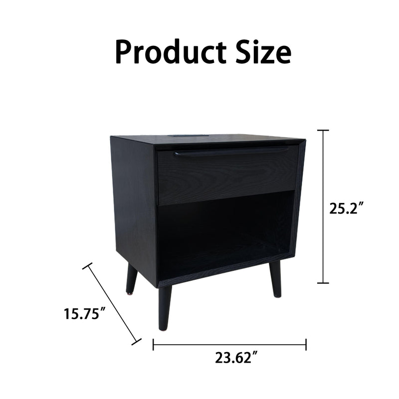 Black bedside table with 1 drawer and open shelf; size diagram with dimensions