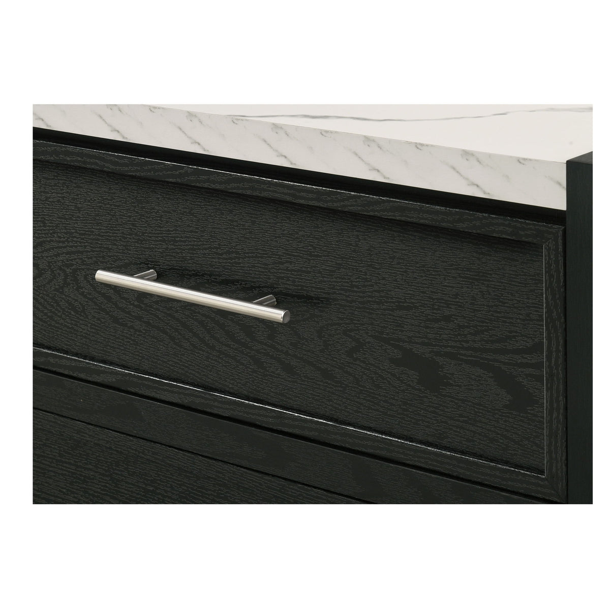 Dark wood-effect nightstand drawer fronts with two silver bar pull handles
