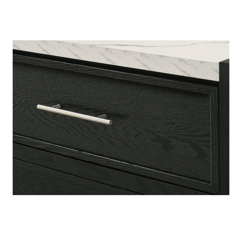 Dark wood-effect nightstand drawer fronts with two silver bar pull handles