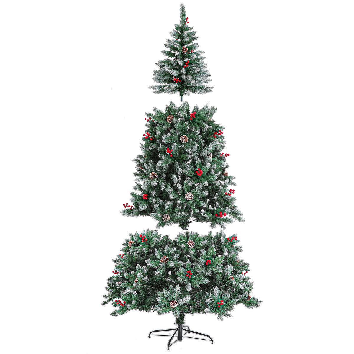 Dark green artificial Christmas tree with snowy tips, red ornaments, and stable metal base