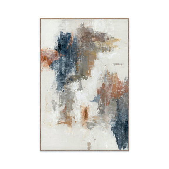 Abstract painting panel in thin light wood frame, blue and rust brushstrokes