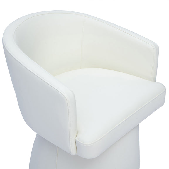 White faux leather desk chair with curved armrests and cushioned seat on swivel base