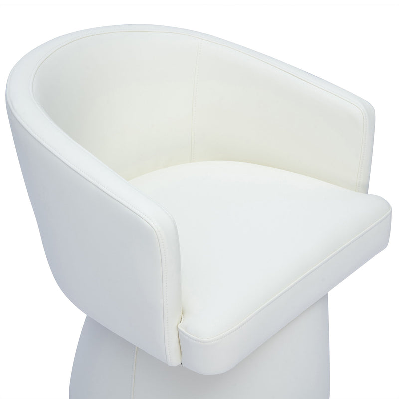 White faux leather desk chair with curved armrests and cushioned seat on swivel base