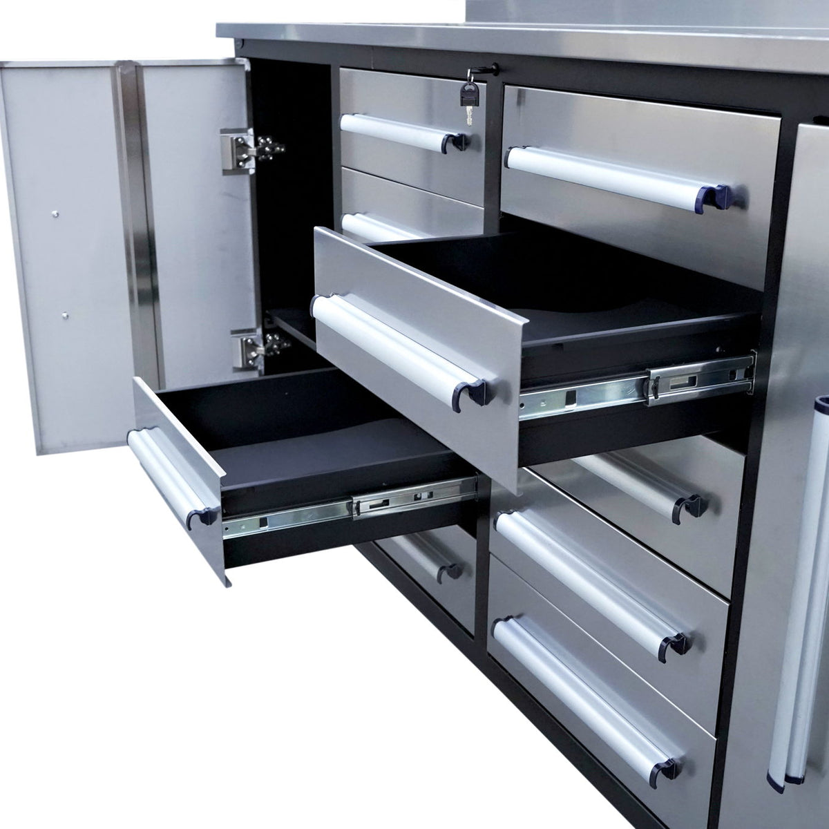 Storage Cabinets With Workbench (With 10 Drawers And 2 Cabinets)