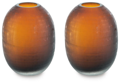 Pair of copper-brown ribbed ceramic vases with open tops