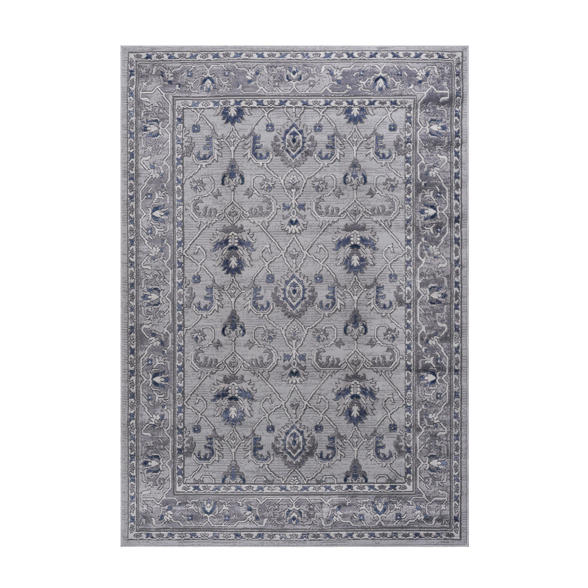 Marfi oriental rug with blue and gray geometric medallion pattern, square rug