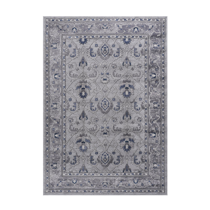 Marfi oriental rug with blue and gray geometric medallion pattern, square rug