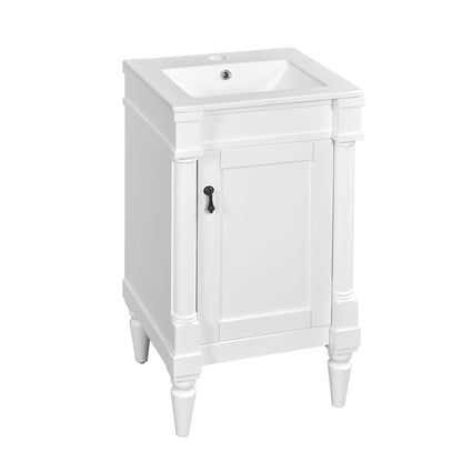 White bathroom vanity with drop-in sink and front cabinet door, freestanding small size