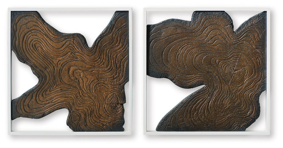 Wall decor set of 2 framed abstract wood plaques with brown swirl lines