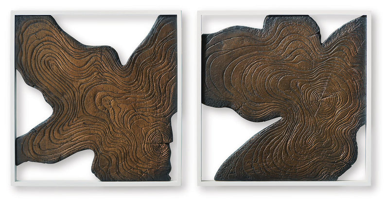 Wall decor set of 2 framed abstract wood plaques with brown swirl lines