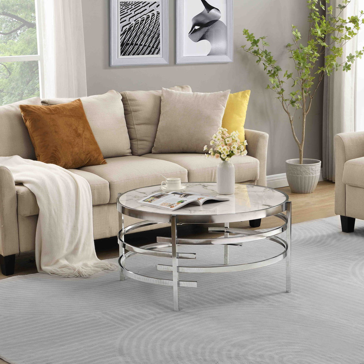 Elegant Round Table With Sintered Stone Top & Sturdy Metal Frame